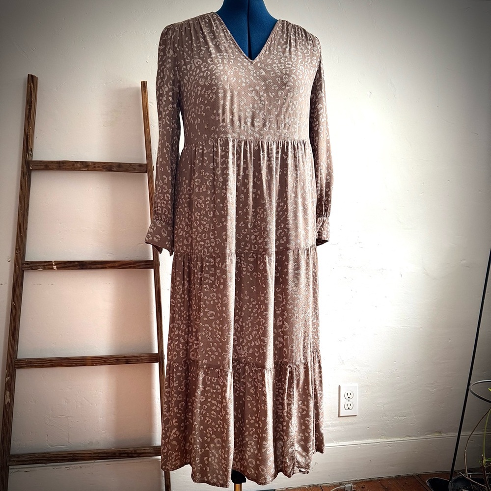 Cafe Au Lait Long Sleeve Light Weight Tiered Prairie Dress